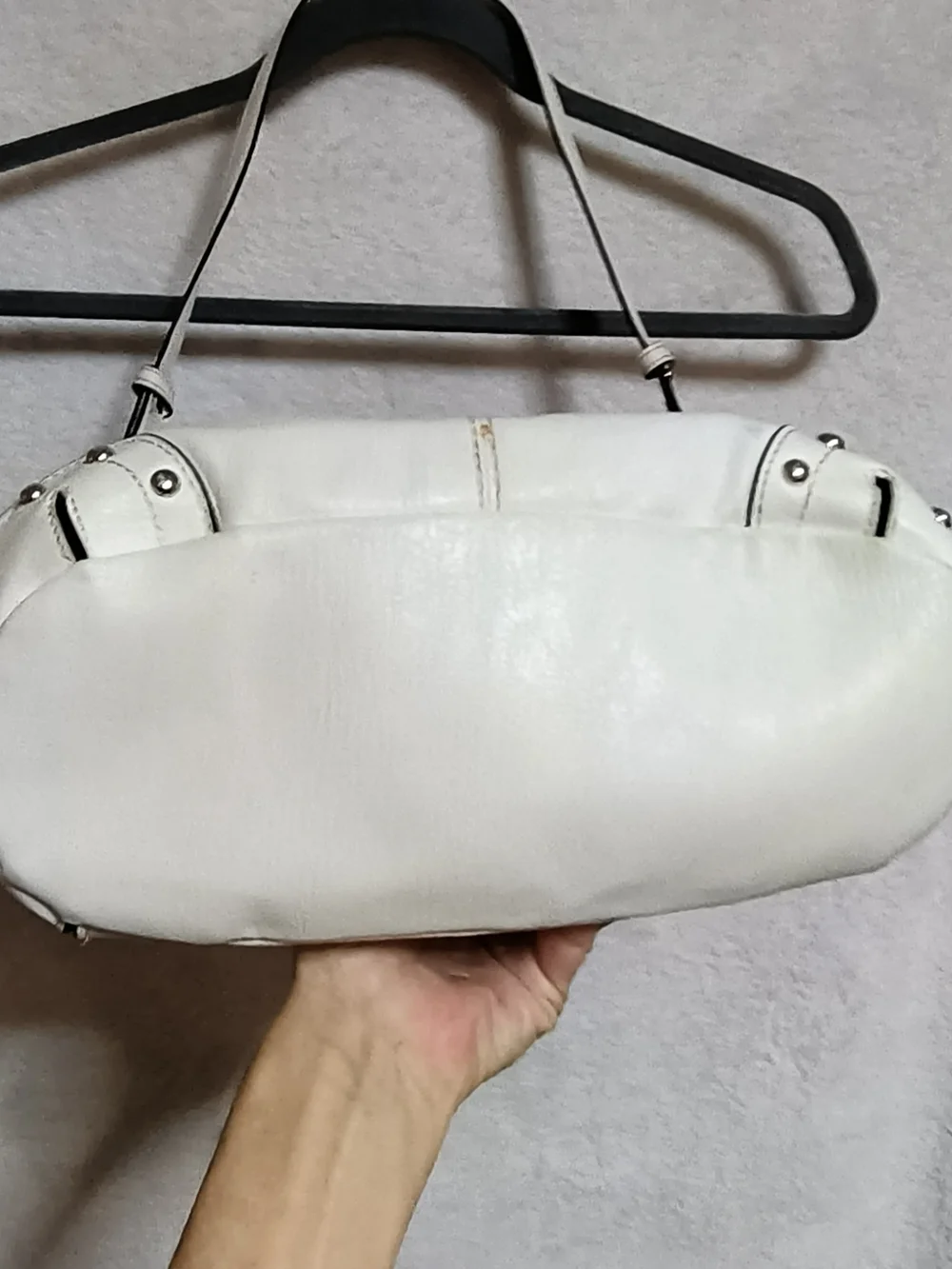 Nicole Lee White Leather Hobo Shoulder Bag with Metal Logo Plaque